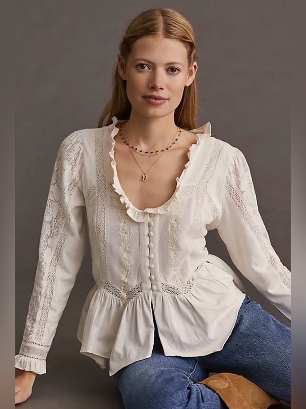 Anthropologie, Embroidered Lace Button Down Blouse
